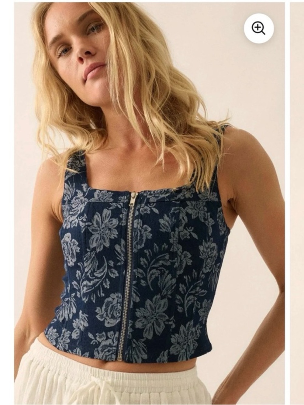 Promesa Navy Floral Zip Jacquard Denim Corset Top